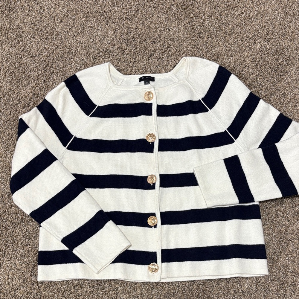 Talbots Navy and White Striped Cardigan